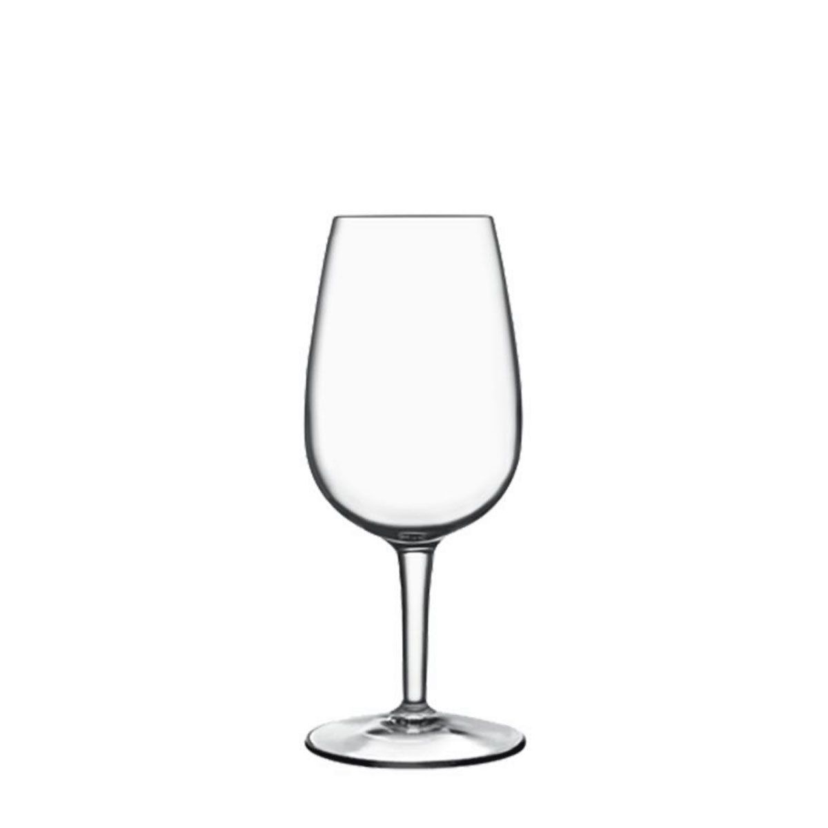 A classic INAO wine glass with a short stem and a tulip-shaped bowl, against a white background.