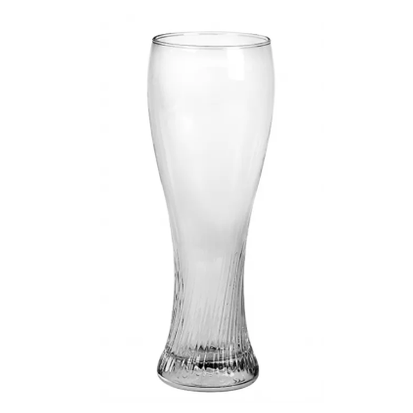 Klares Weizenbierglas mit optischem Wirbelmuster, schlanker Taille und leicht ausgestelltem oberen Teil, leer und vor weißem Hintergrund.