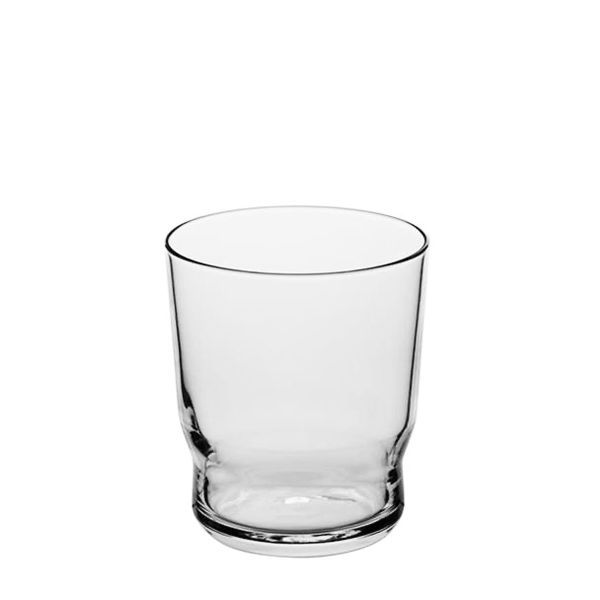 Klares, zylindrisches Trinkglas mit leicht bauchiger Form, leer und vor weißem Hintergrund.