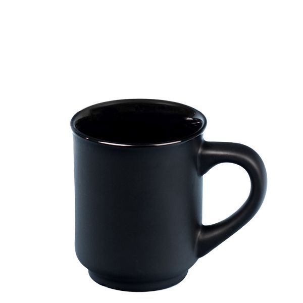 A single, empty, black ceramic mug with a handle stands on a white background. The mug has a matte surface.
