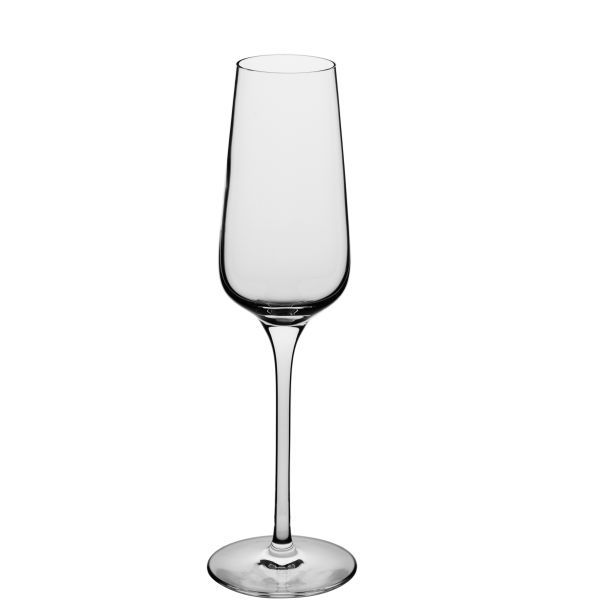 A tall, slender champagne flute with a long stem and a pointed bowl, against a white background.
