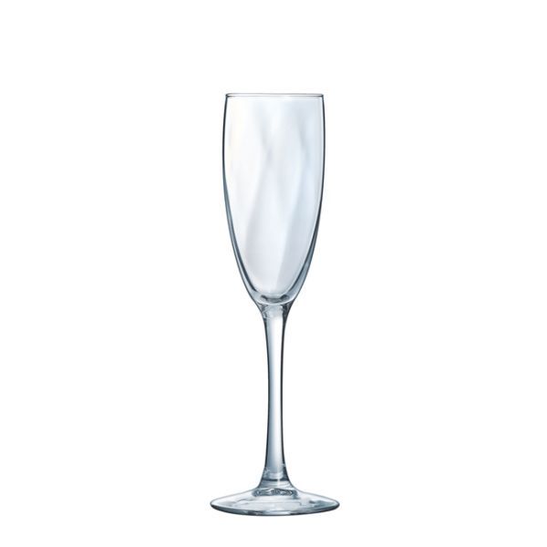 Elegantes, leeres Sektglas auf einem schlanken Stiel mit runder Basis.